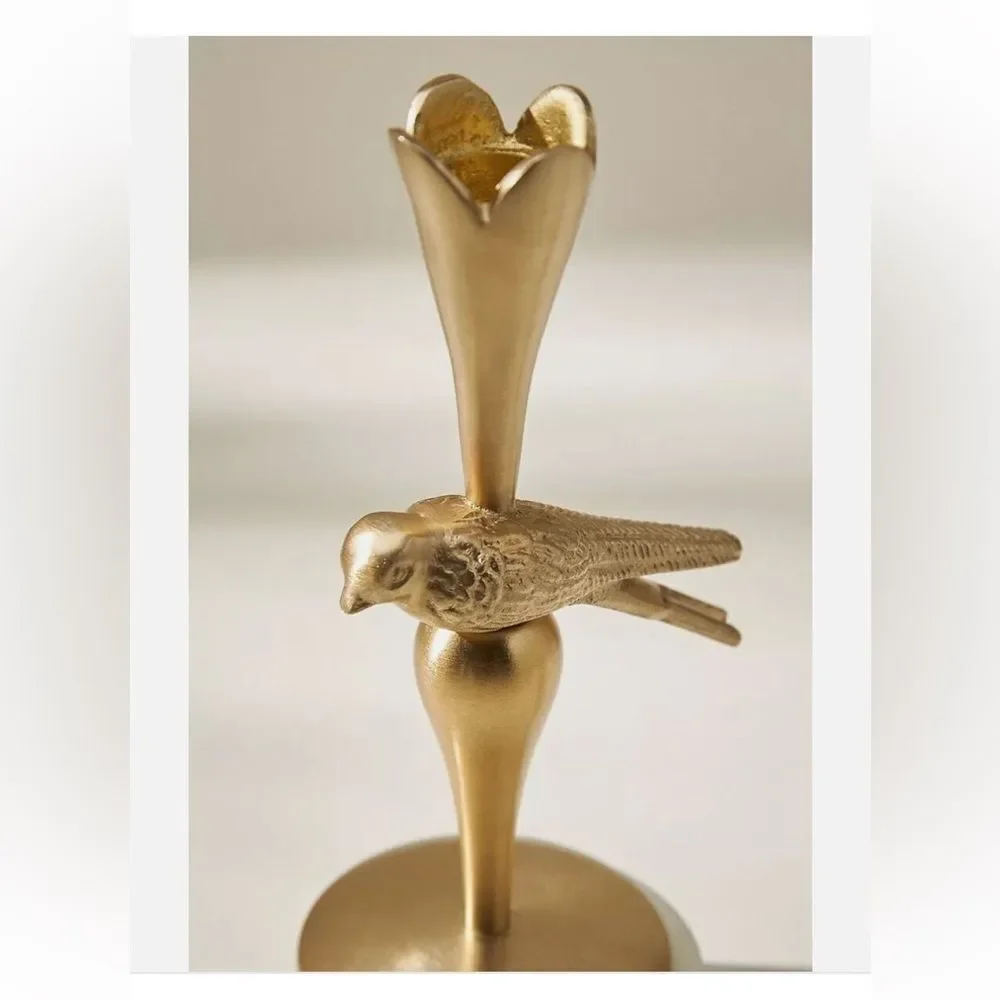 Anthropologie Marizia Sparrow Metal Taper Candle Holder Gold Birds Nature